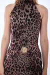 4111-Halter Yaka Aksesuar Detaylı Leopar Elbise