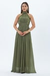 4128-Haki Halter Yaka Piliseli Maxi Elbise