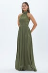 4128-Haki Halter Yaka Piliseli Maxi Elbise