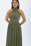 4128-Haki Halter Yaka Piliseli Maxi Elbise