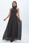 4128-Kahve Halter Yaka Piliseli Maxi Elbise