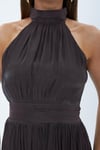 4128-Kahve Halter Yaka Piliseli Maxi Elbise