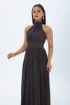 4128-Kahve Halter Yaka Piliseli Maxi Elbise