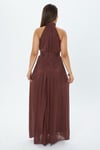 4128-Kiremit Halter Yaka Piliseli Maxi Elbise