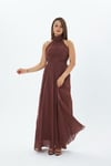 4128-Kiremit Halter Yaka Piliseli Maxi Elbise