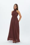 4128-Kiremit Halter Yaka Piliseli Maxi Elbise