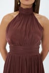 4128-Kiremit Halter Yaka Piliseli Maxi Elbise
