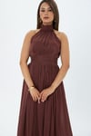 4128-Kiremit Halter Yaka Piliseli Maxi Elbise