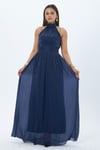 4128-Lacivert Halter Yaka Piliseli Maxi Elbise