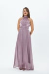 4128- Lila Halter Yaka Piliseli Maxi Elbise