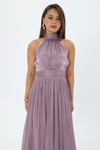 4128- Lila Halter Yaka Piliseli Maxi Elbise