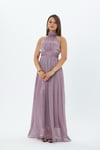 4128- Lila Halter Yaka Piliseli Maxi Elbise