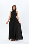 4128- Siyah Halter Yaka Piliseli Maxi Elbise