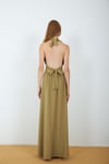 4133-Açık Oliv Halter Yaka Drapeli Yırtmaçlı Maxi Elbise