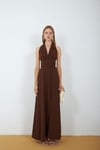 4133-Kahve Halter Yaka Drapeli Yırtmaçlı Maxi Elbise