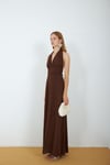 4133-Kahve Halter Yaka Drapeli Yırtmaçlı Maxi Elbise