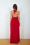 4133-Kırmızı Halter Yaka Drapeli Yırtmaçlı Maxi Elbise