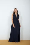 4133-Lacivert Halter Yaka Drapeli Yırtmaçlı Maxi Elbise