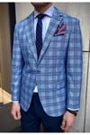 Açık Lacivert Ekose Slim Fit Dar Kesim Erkek Blazer Ceket
