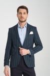 Adora Erkek Lacivert Yeşil İtalyan Çizgili Slim Fit Mono Yaka Esneyen Kumaş Blazer Ceket
