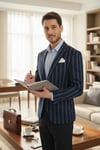Adora Erkek Mavi Siyah İtalyan Çizgili Slim Fit Mono Yaka Esneyen Kumaş Blazer Ceket