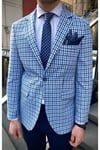 Assente Erkek A.Lacivert - Mavi Keten Görünümlü Ekose Slim Fit Mono Yaka Spor Blazer Ceket