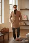 Bergamo Erkek Koyu Camel Regular Fit Dik Yaka Kaşe Kaban