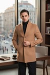 Bergamo Erkek Koyu Camel Regular Fit Dik Yaka Kaşe Kaban