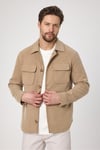 Erkek Bej Slim Fit Baharlık Trenç Ceket Örme Esnek Kumaş Kapak Cepli Dar Kesim