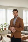 Fevual Erkek Camel Mono Yaka Diagonel Desenli Slim Fit Blazer Spor Ceket