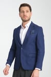 Fevuall Erkek Saks Mavi Diagonel Desenli Battal Büyük Beden Mono Yaka Dar Kesim Blazer Spor Ceket