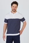 JAEN Erkek Beyaz-Lacivert Pamuk Karışımlı Kendinden Çizgili Slim Fit Polo Yaka Triko T-Shirt