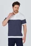 JAEN Erkek Beyaz-Lacivert Pamuk Karışımlı Kendinden Çizgili Slim Fit Polo Yaka Triko T-Shirt