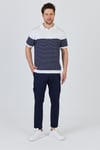 JAEN Erkek Beyaz-Lacivert Pamuk Karışımlı Kendinden Çizgili Slim Fit Polo Yaka Triko T-Shirt