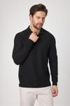 Lewin Erkek Siyah %100 Pamuk Waffle Çekmeyen Esneyen Örme Kumaş Slim Fit Uzun Kol Polo Tişört