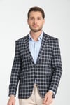 Mario Erkek Koyu Lacivert Ekose Slim Fit Mono Yaka Spor Blazer Ceket