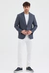 Mathus Erkek Lacivert Poliviskon Kumaşlı Kazayağı Desenli Slim Fit Mono Yaka Spor Blazer Ceket