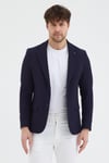 Pofuc Erkek Lacivert Armürlü Poliviskon Kumaş SlimFit Kendinden Mendilli Mono Yaka Spor Blazer Ceket