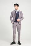Slim Fit Gri-Bordo Ekose Kareli Düz Mono Yaka Çift Yırtmaçlı Astarlı Takim Elbise