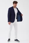 Zeus Erkek Koyu Lacivert Esneyen Likralı Kumaşlı Tam Astarlı Slim Fit Mono Yaka Spor Blazer Ceket