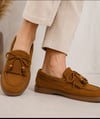 Taba Püskül ve Boncuk Detaylı Süet Kadın Loafer Ayakkabı