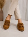 Taba Püskül ve Boncuk Detaylı Süet Kadın Loafer Ayakkabı