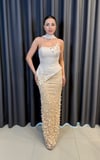 Kristal Taş ve Çiçek Süslemeli Gold Tek Omuz Peplum Abiye Elbise