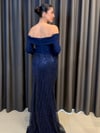 Lacivert İnci ve Boncuk İşlemeli Peplum Detaylı Abiye Elbise