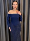 Lacivert İnci ve Boncuk İşlemeli Peplum Detaylı Abiye Elbise
