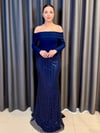 Lacivert İnci ve Boncuk İşlemeli Peplum Detaylı Abiye Elbise