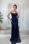 Lacivert Straplez Peplum Detaylı Dantel Balık Gece Elbisesi
