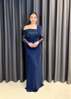 Lacivert Tek Omuz Drape Detaylı Payet ve Boncuk İşlemeli Abiye