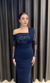 Lacivert Tek Omuz Drape Detaylı Payet ve Boncuk İşlemeli Abiye