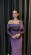 Mor Tek Omuz Drape Detaylı Payet ve Boncuk İşlemeli Abiye